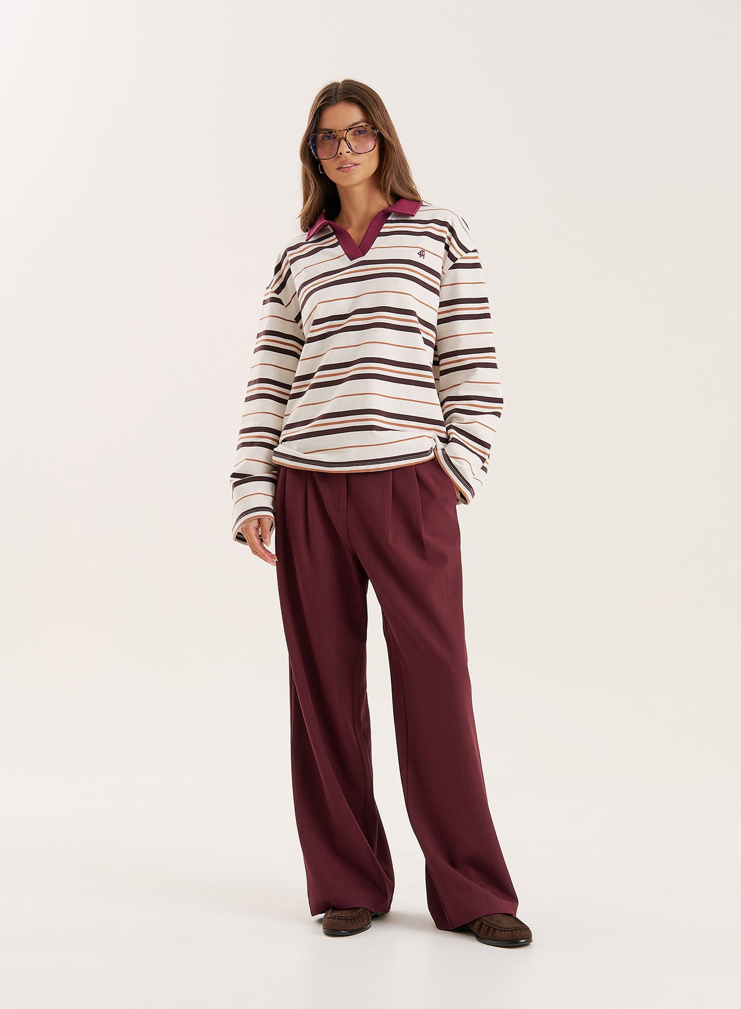 Cream And Chocolate Stripe Contrast Collar Rugby Top